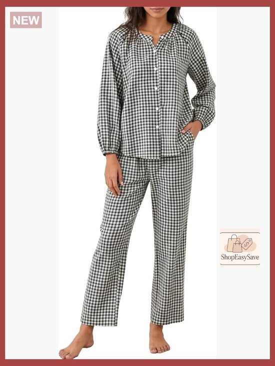 Other - Gingham Pajama Set 2 Piece Cotton Plaid Raglan Sleeve Button Top Straight Leg